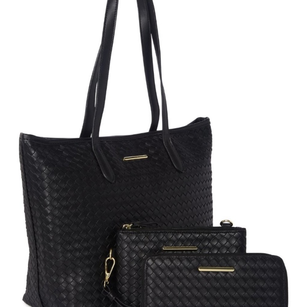 Black 3 PC Woven Handbag Purse Set Wallet Wristlet Pouch Crossbody